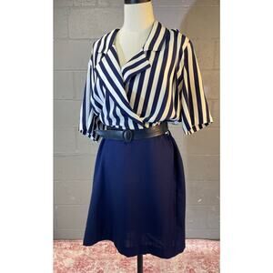 Vintage 1980s Navy Blue White Striped Shirt Dress Belted Plus Size 16 Nautical